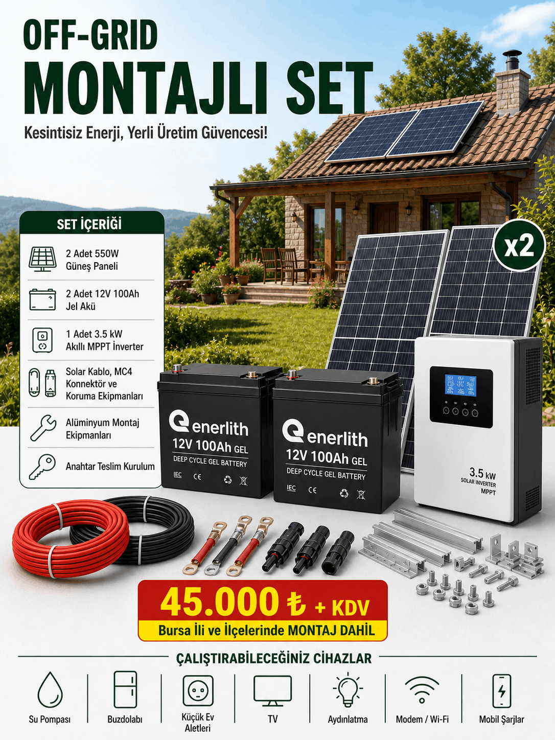 3.5 kW MPPT Solar Inverter | 12V 200Ah Jel Akü | 2x550W Panel | Montajlı Off-Grid Solar Set