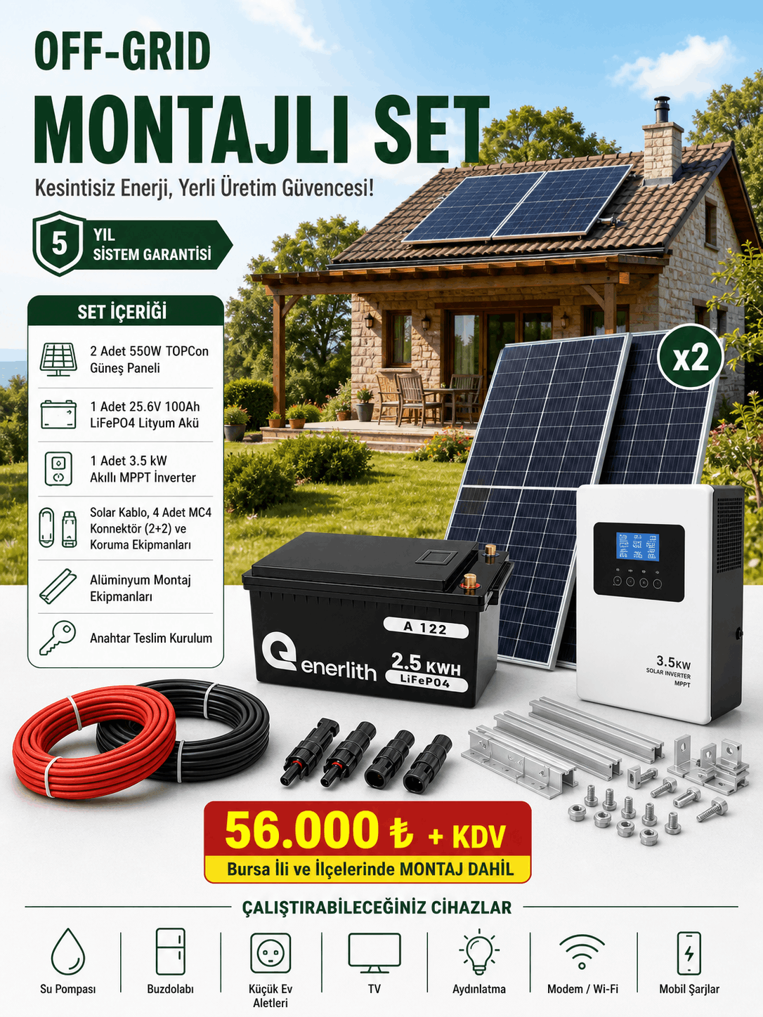 3.5 kW MPPT Inverter | 25.6V 100Ah LiFePO4 Akü | 2x550W TOPCon Panel | Montajlı Off-Grid Solar Set